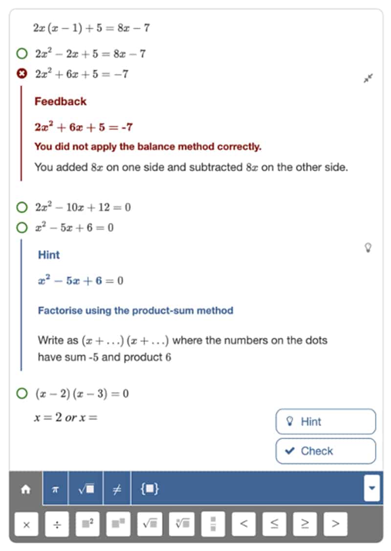 Algebrakit's Multistep question type supports step-by-step problem-solving.